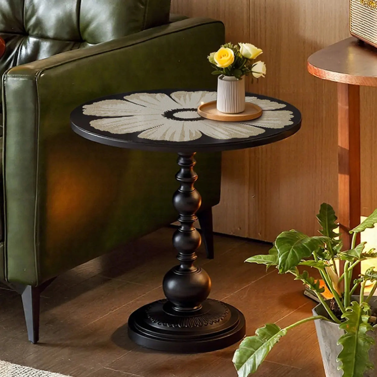 Vintage Artistic Patterns Black Round Wood Side Table Image - 1