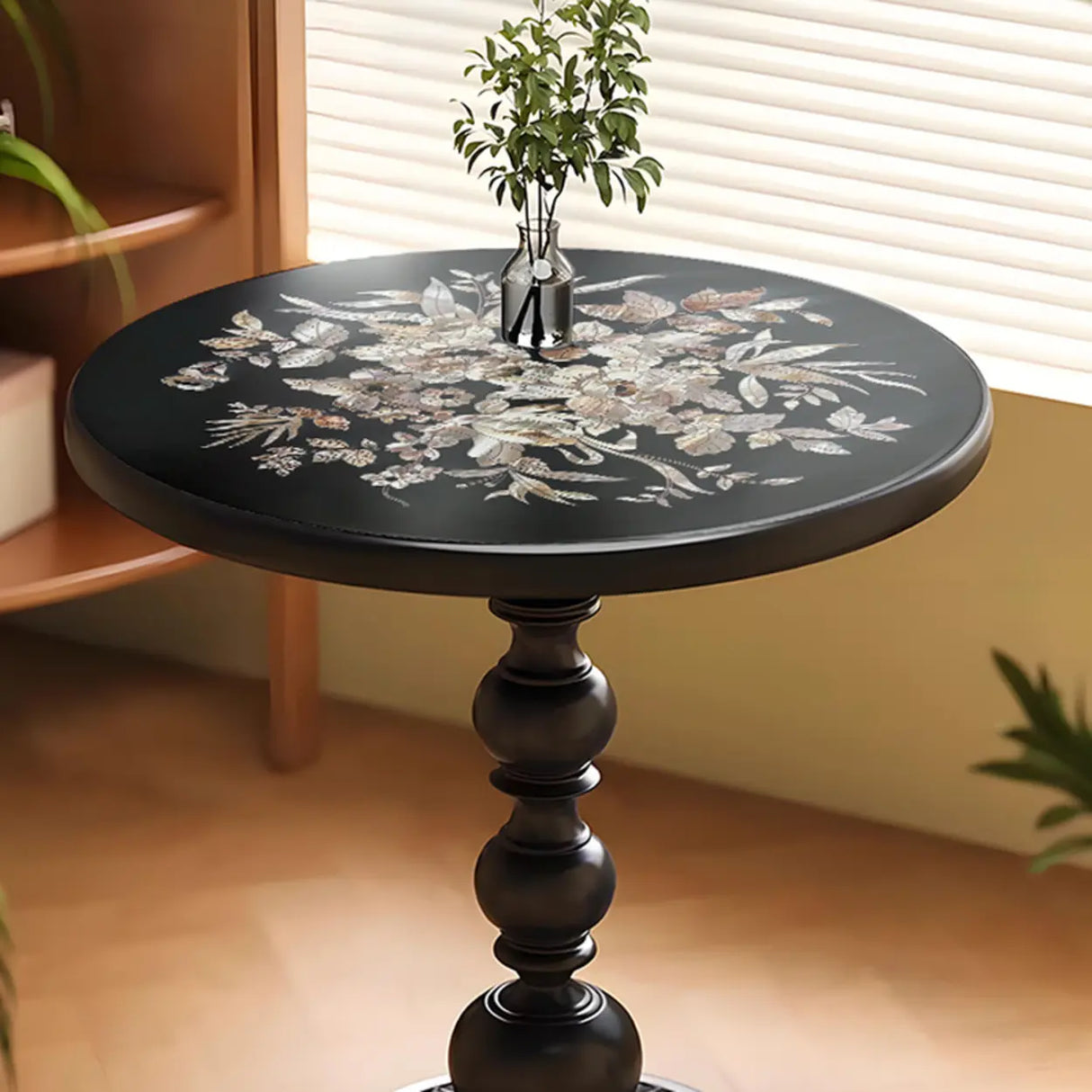 Vintage Artistic Patterns Black Round Wood Side Table Image - 11