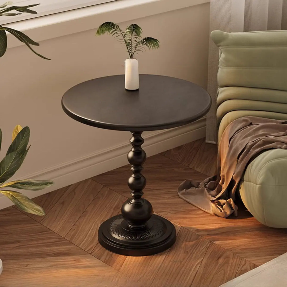 Vintage Artistic Patterns Black Round Wood Side Table Image - 12