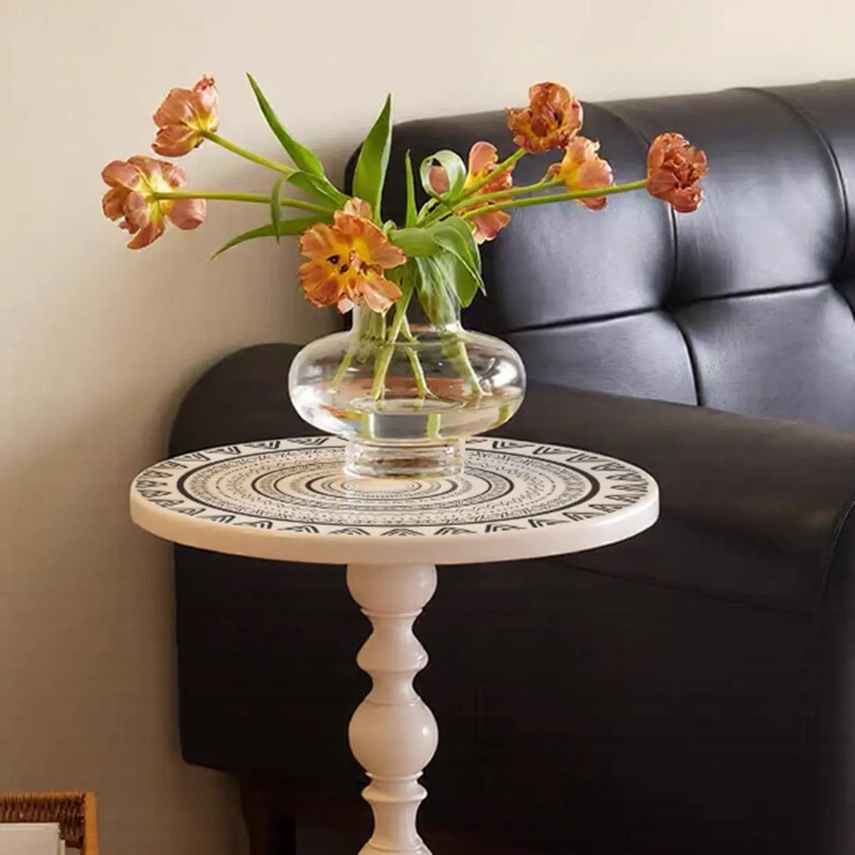 Vintage Artistic Patterns Black Round Wood Side Table Image - 14