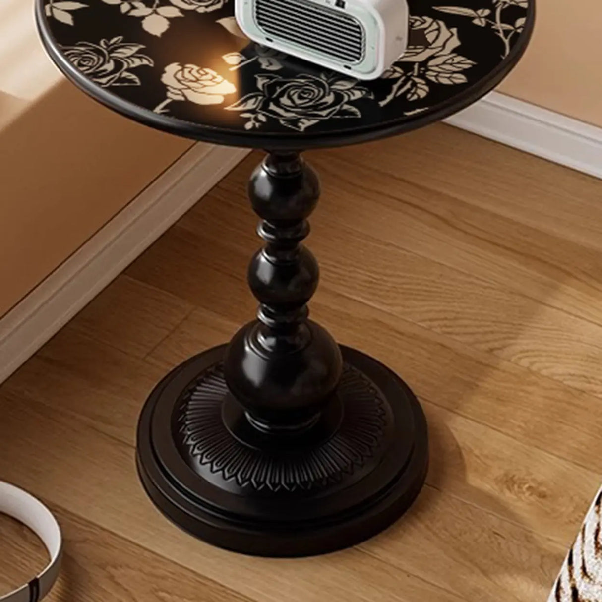 Vintage Artistic Patterns Black Round Wood Side Table Image - 15