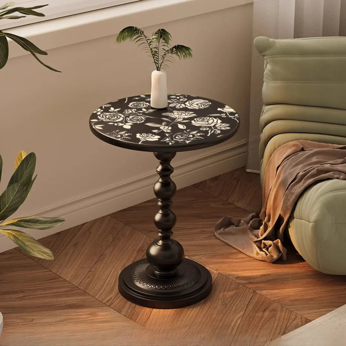 Vintage Artistic Patterns Black Round Wood Side Table Image - 16