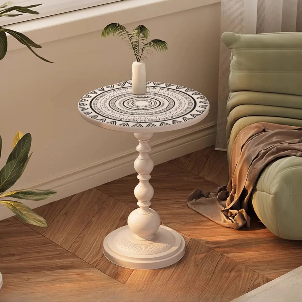 Vintage Artistic Patterns Black Round Wood Side Table Image - 17