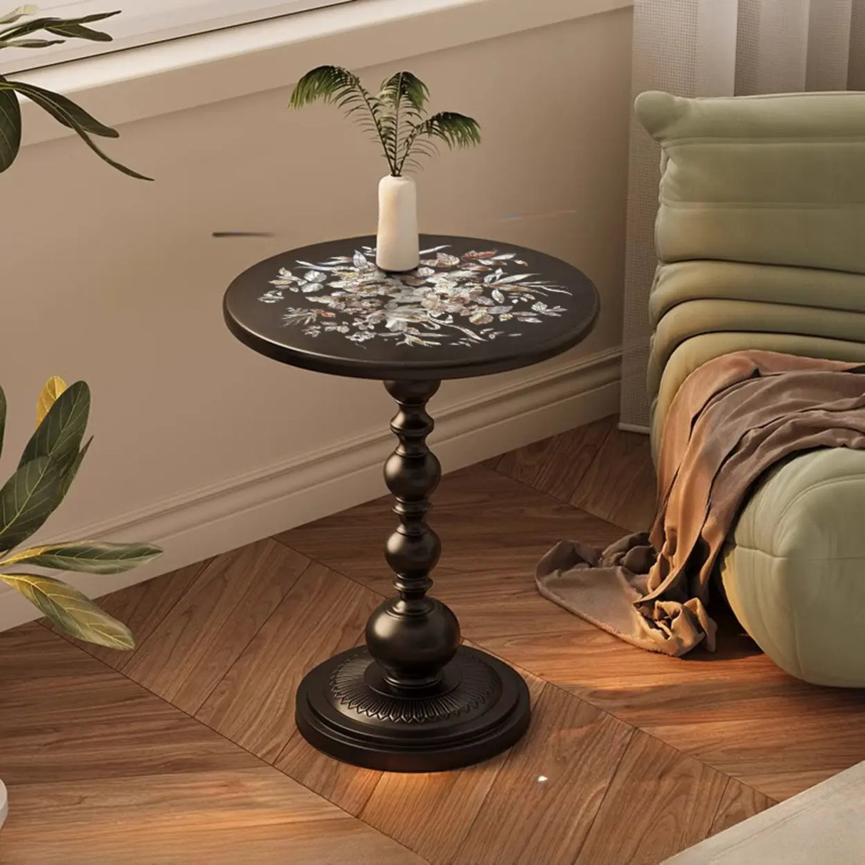 Vintage Artistic Patterns Black Round Wood Side Table Image - 2