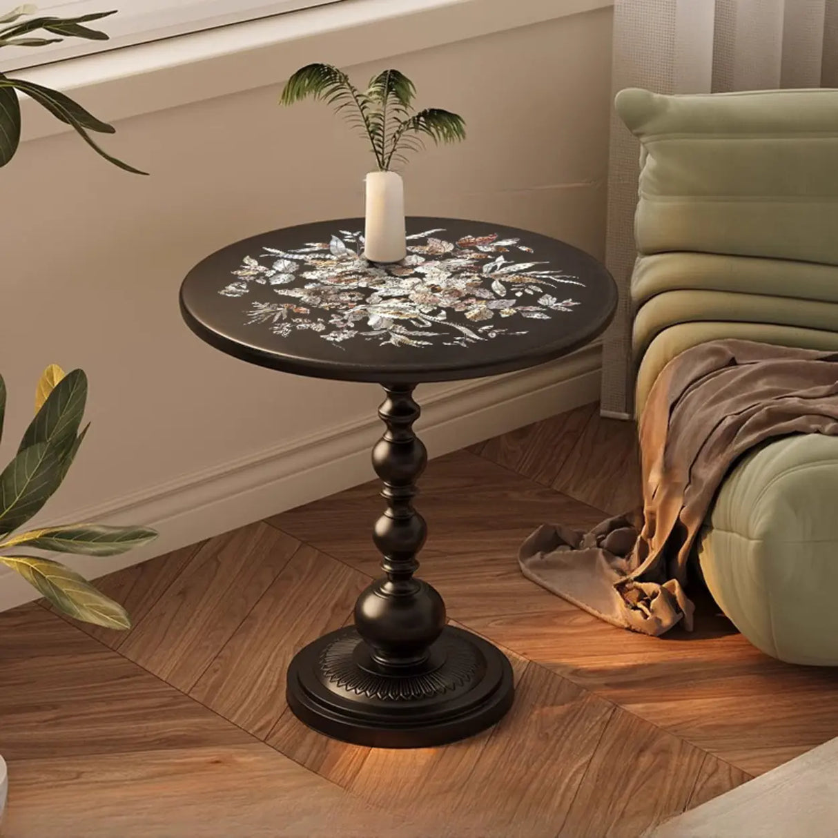 Vintage Artistic Patterns Black Round Wood Side Table Image - 20