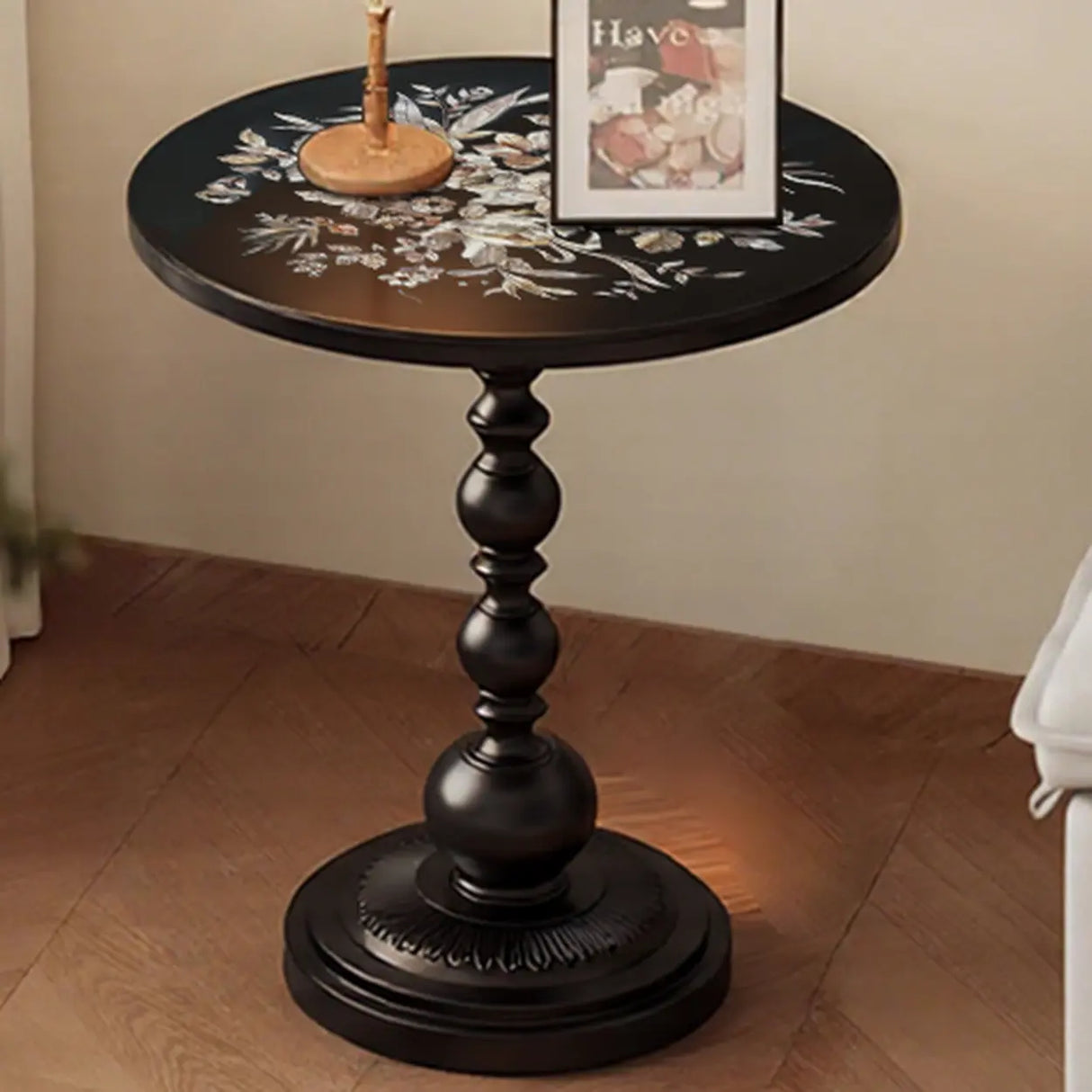Vintage Artistic Patterns Black Round Wood Side Table Image - 3
