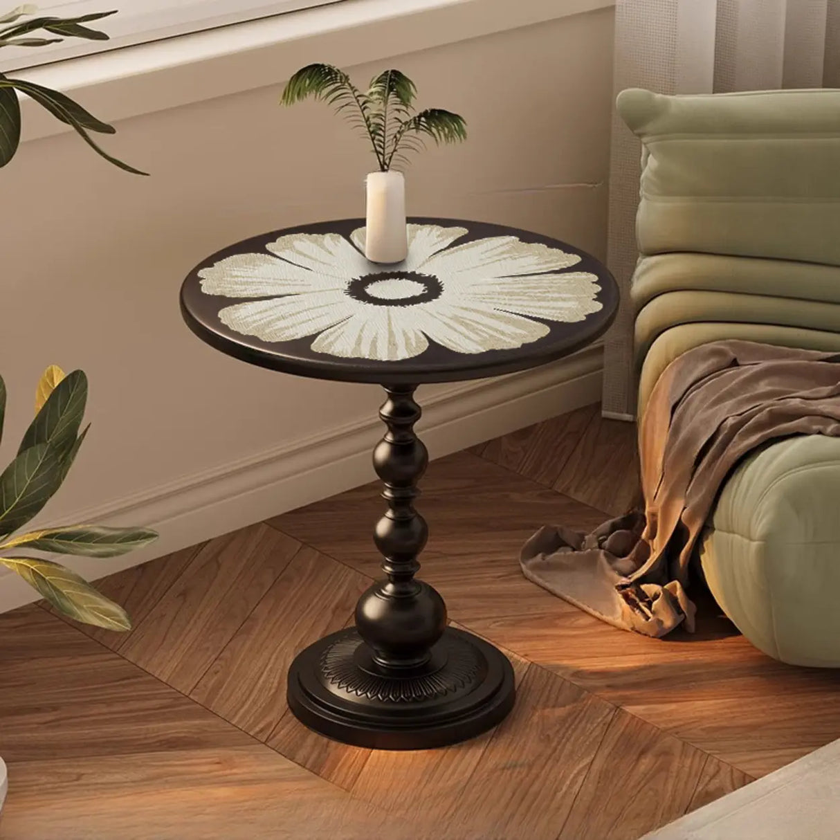 Vintage Artistic Patterns Black Round Wood Side Table Image - 4