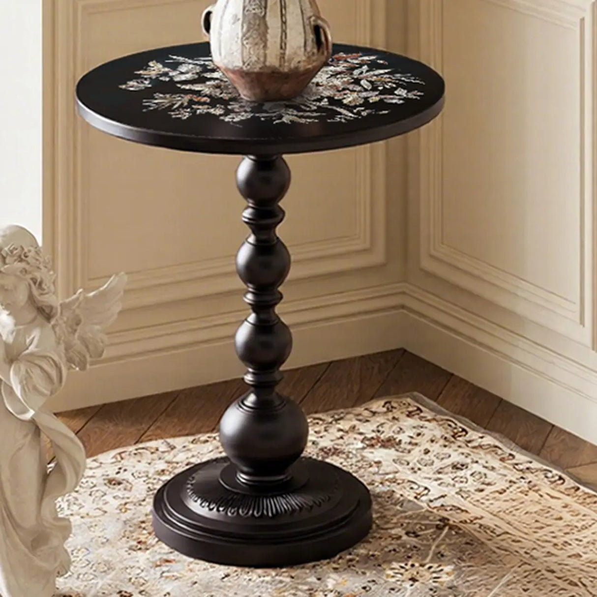 Vintage Artistic Patterns Black Round Wood Side Table Image - 5