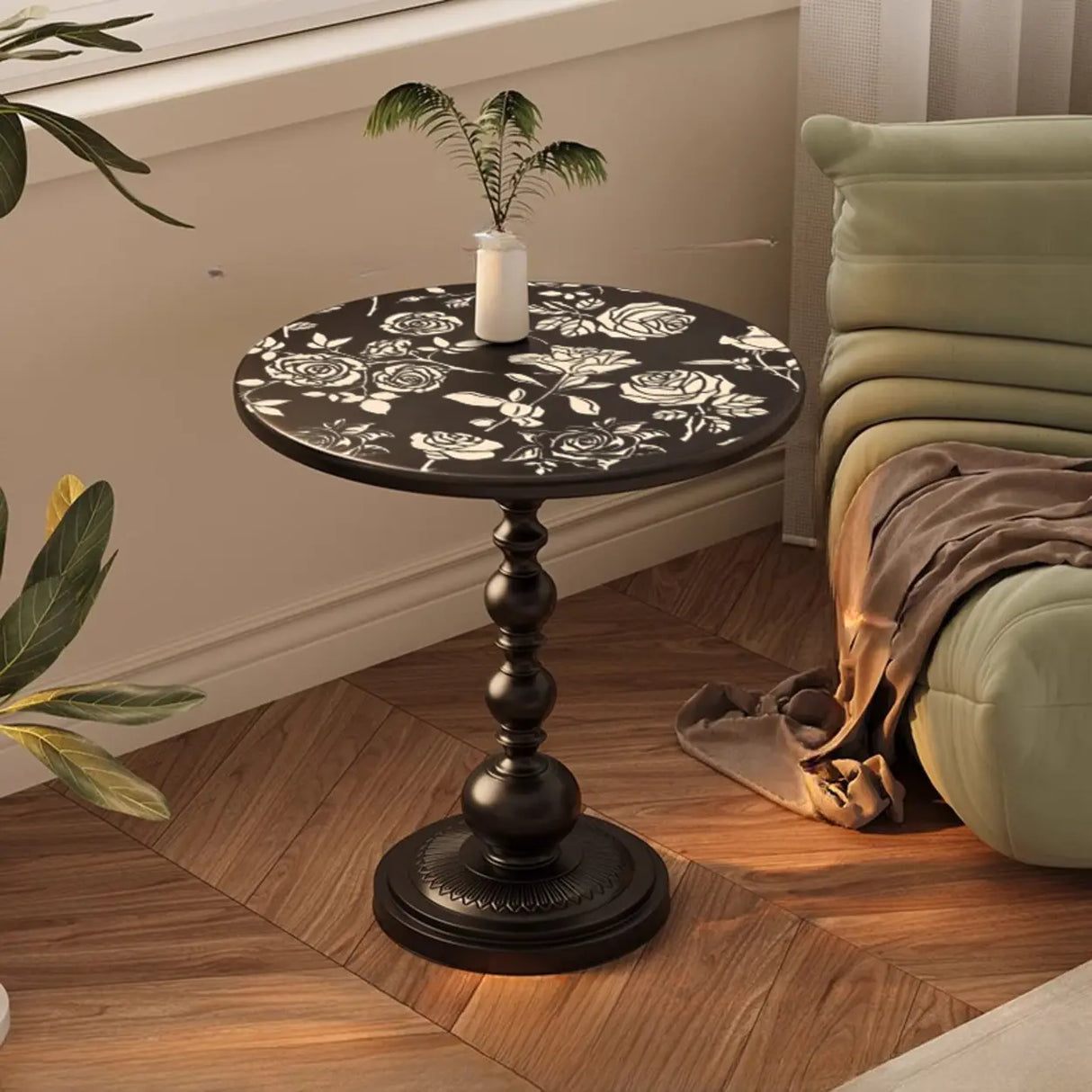 Vintage Artistic Patterns Black Round Wood Side Table Image - 6