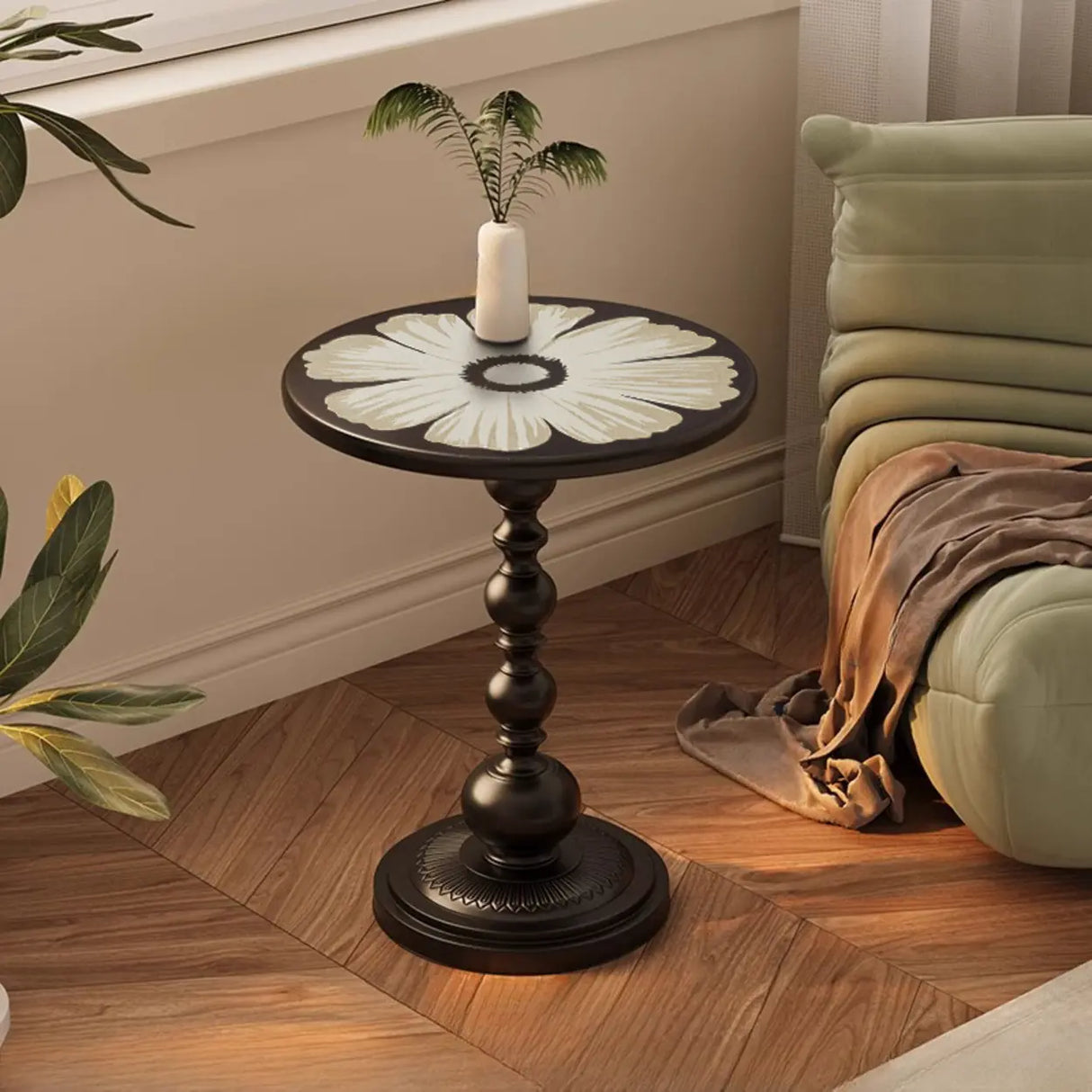 Vintage Artistic Patterns Black Round Wood Side Table Image - 7