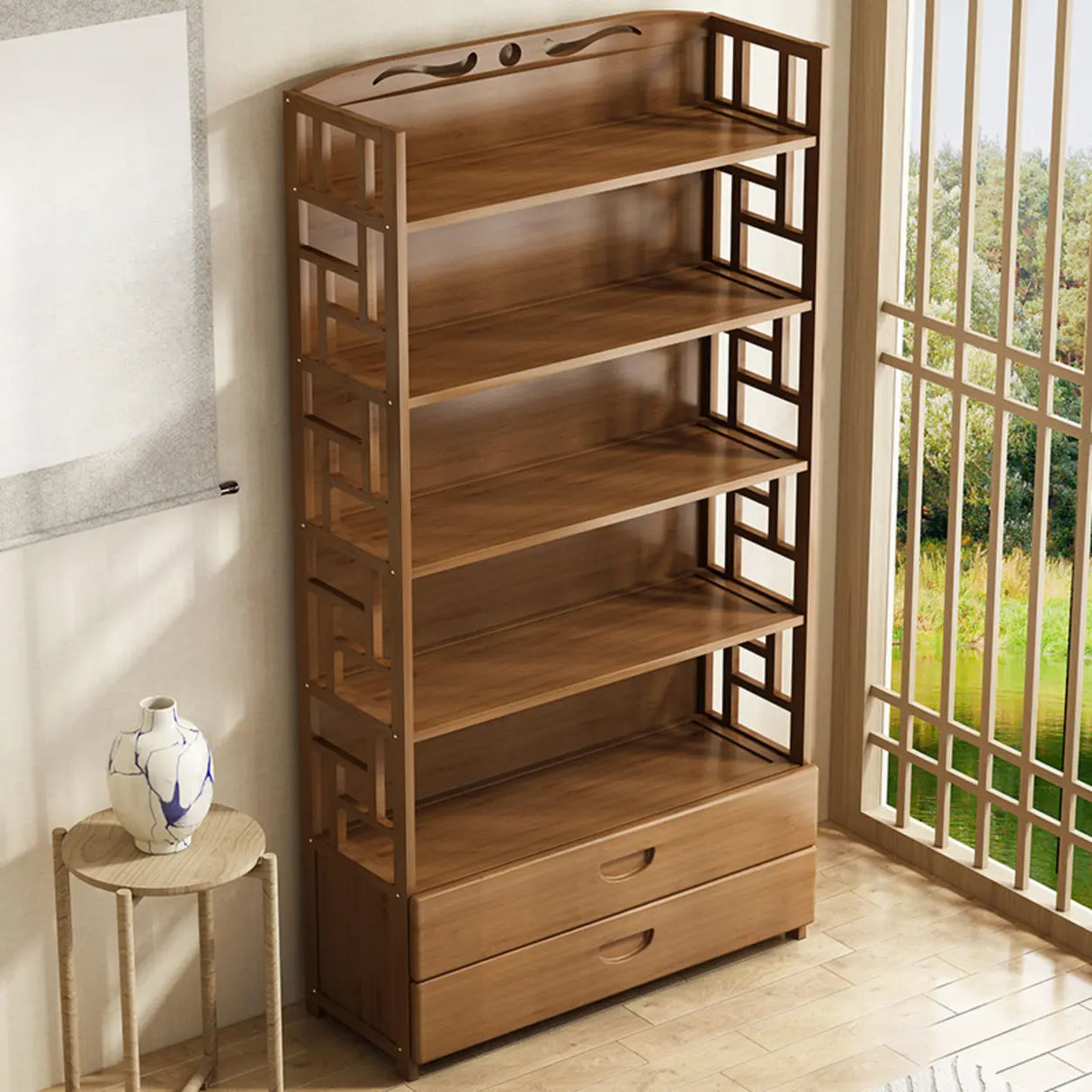 Vintage Bamboo Closed Back Brown Barrister Bookcase Image - 1