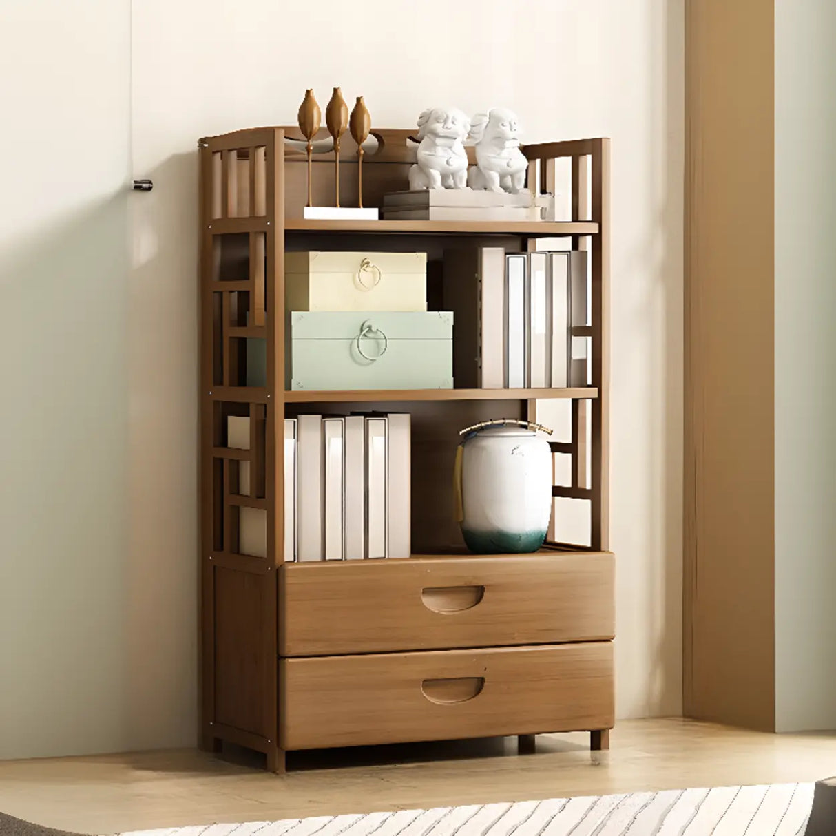 Vintage Bamboo Closed Back Brown Barrister Bookcase Image - 10