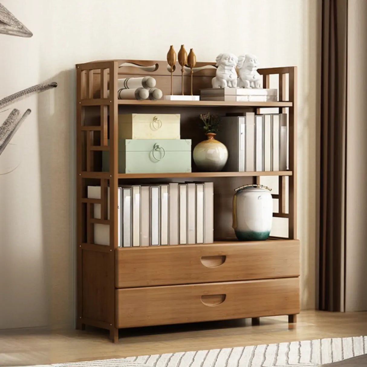 Vintage Bamboo Closed Back Brown Barrister Bookcase Image - 12