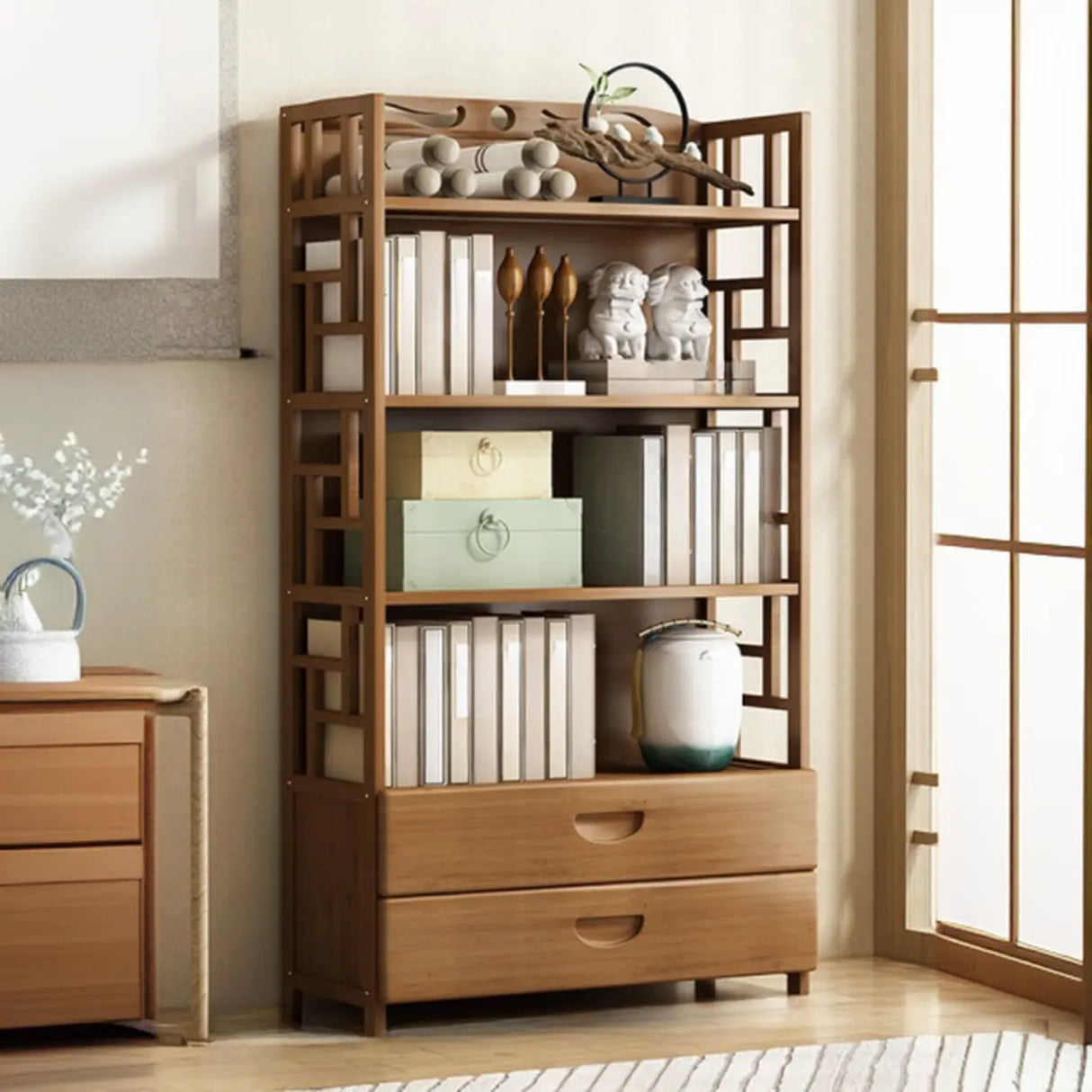 Vintage Bamboo Closed Back Brown Barrister Bookcase Image - 14