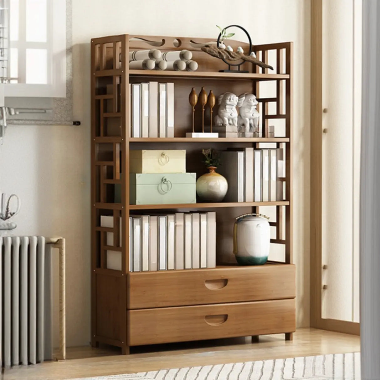 Vintage Bamboo Closed Back Brown Barrister Bookcase Image - 15