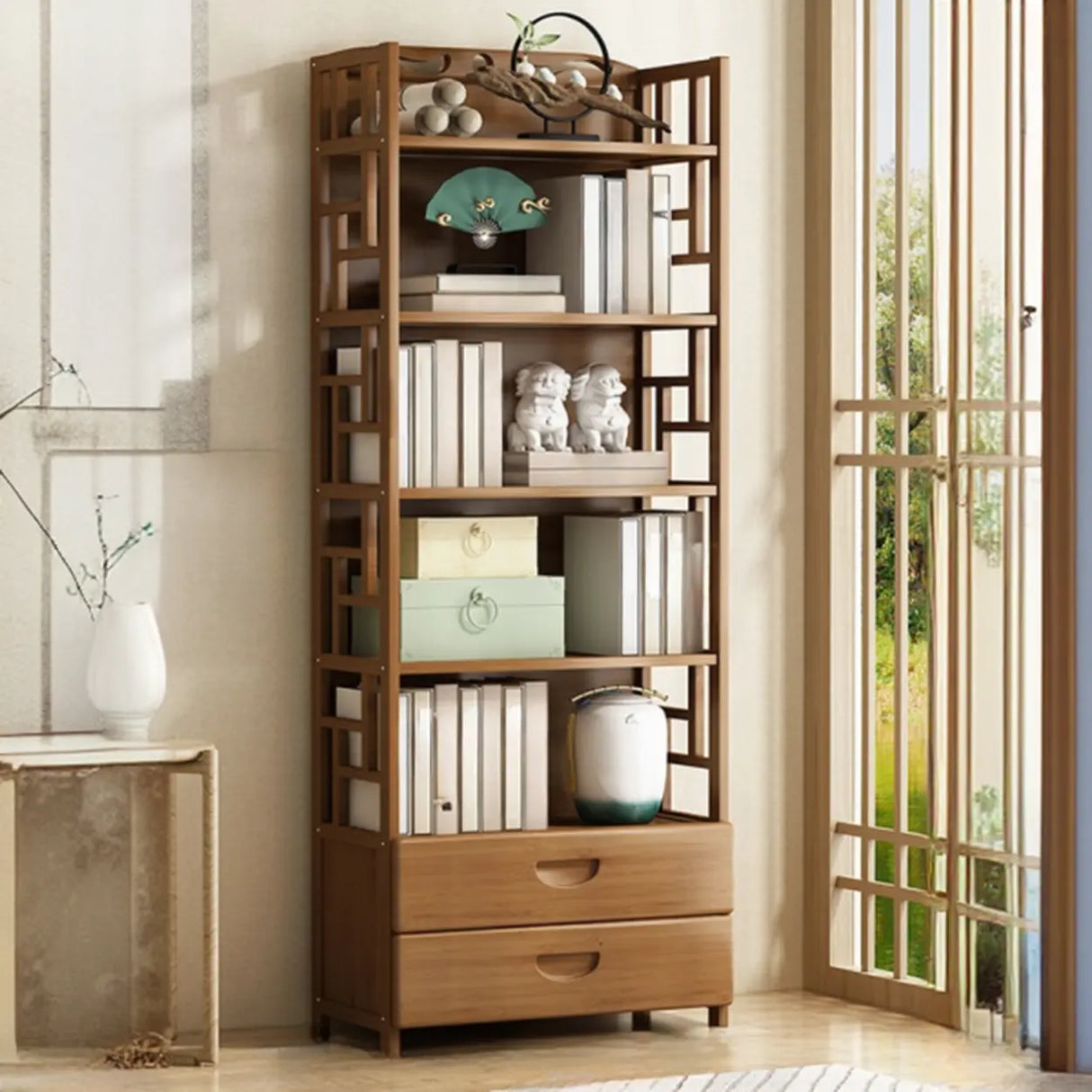 Vintage Bamboo Closed Back Brown Barrister Bookcase Image - 16