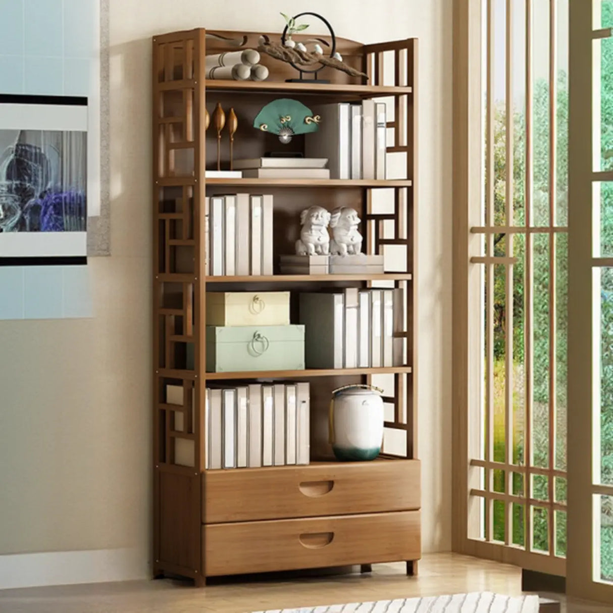 Vintage Bamboo Closed Back Brown Barrister Bookcase Image - 17