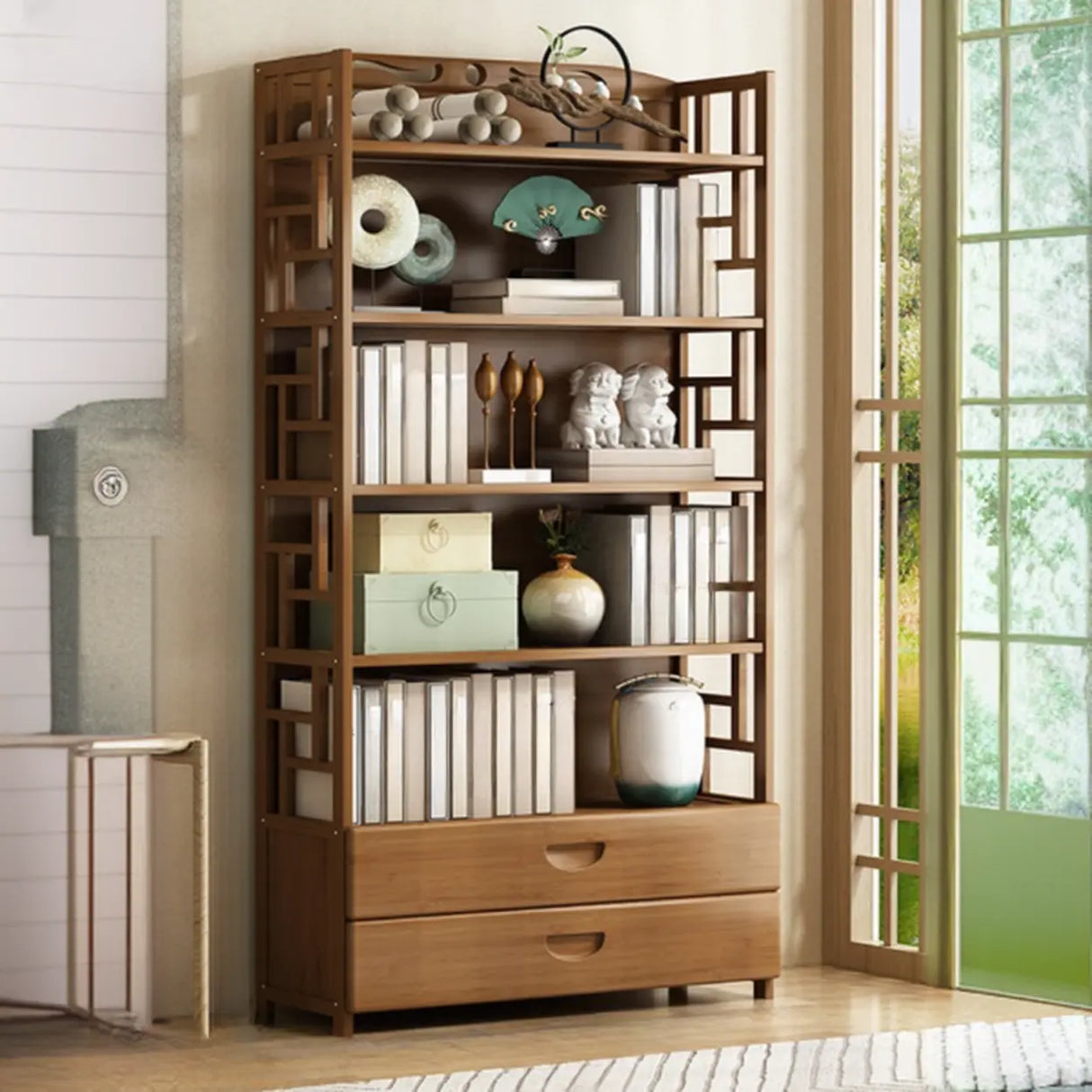 Vintage Bamboo Closed Back Brown Barrister Bookcase Image - 18