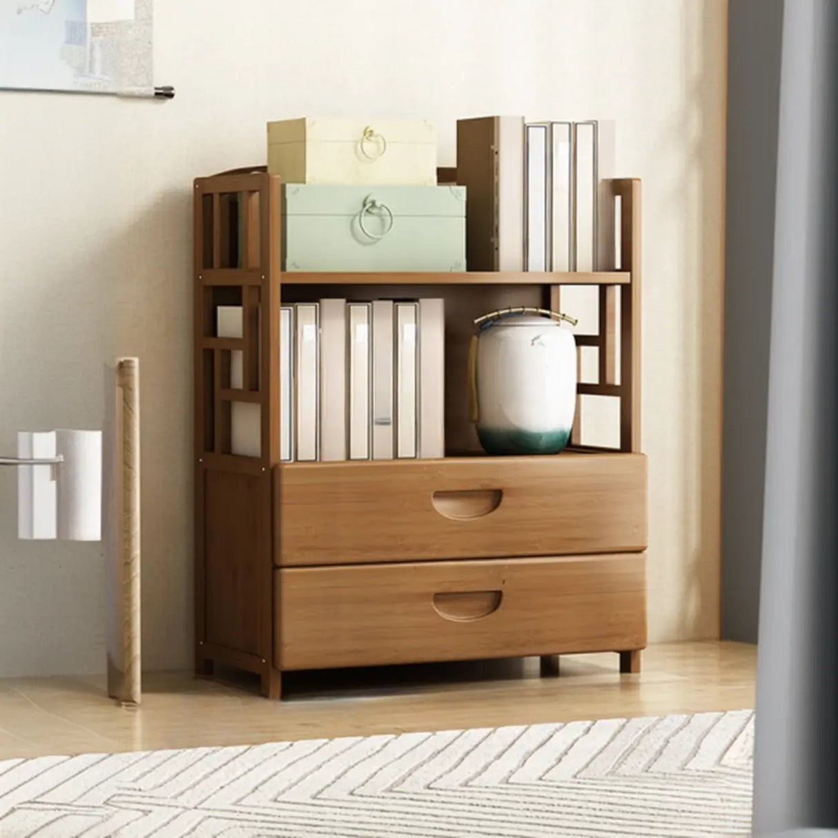 Vintage Bamboo Closed Back Brown Barrister Bookcase Image - 2
