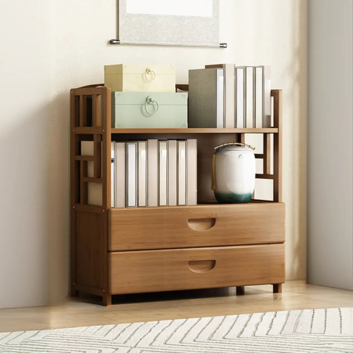 Vintage Bamboo Closed Back Brown Barrister Bookcase Image - 3