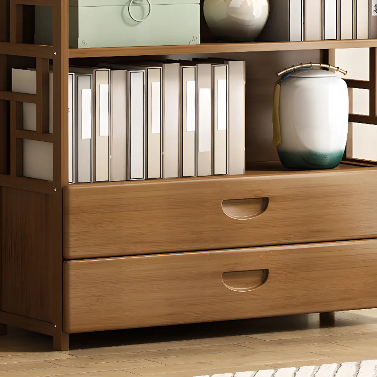 Vintage Bamboo Closed Back Brown Barrister Bookcase Image - 6