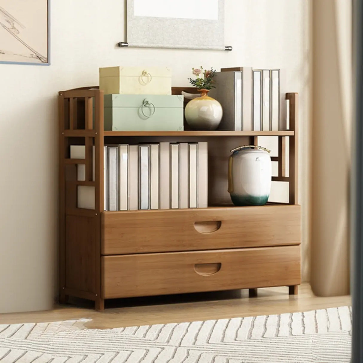 Vintage Bamboo Closed Back Brown Barrister Bookcase Image - 9