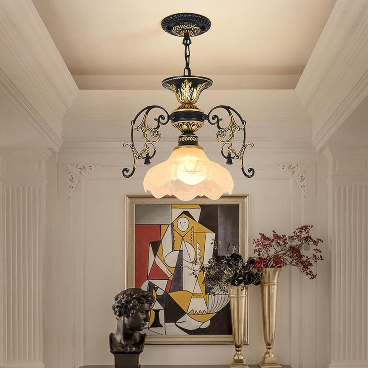 Vintage Black and Gold Floral Living Room Pendant Light Image - 1