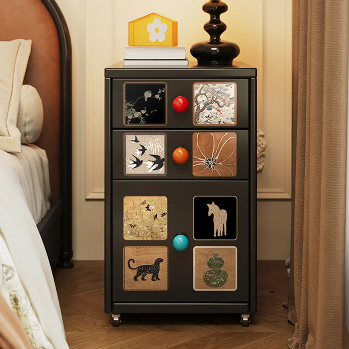 Vintage Black Art Pattern Drawers & Casters Metal Nightstand Image - 1