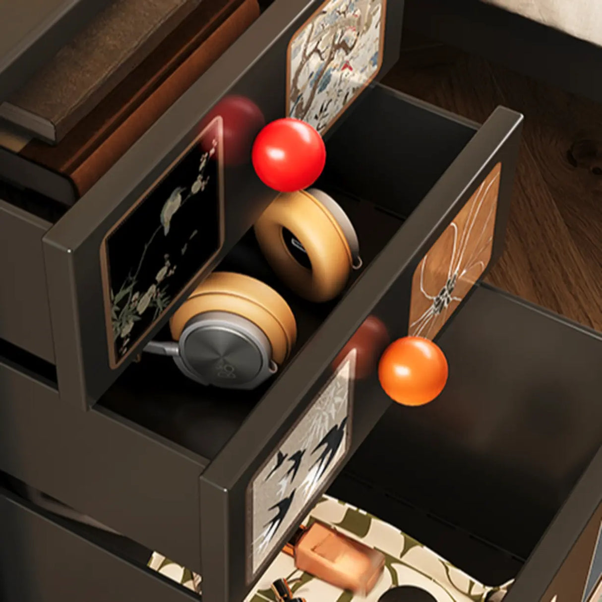 Vintage Black Art Pattern Drawers & Casters Metal Nightstand Image - 14