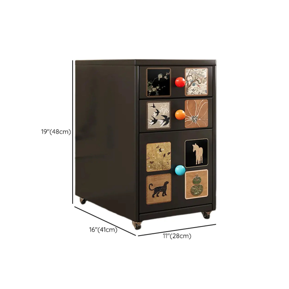 Vintage Black Art Pattern Drawers & Casters Metal Nightstand