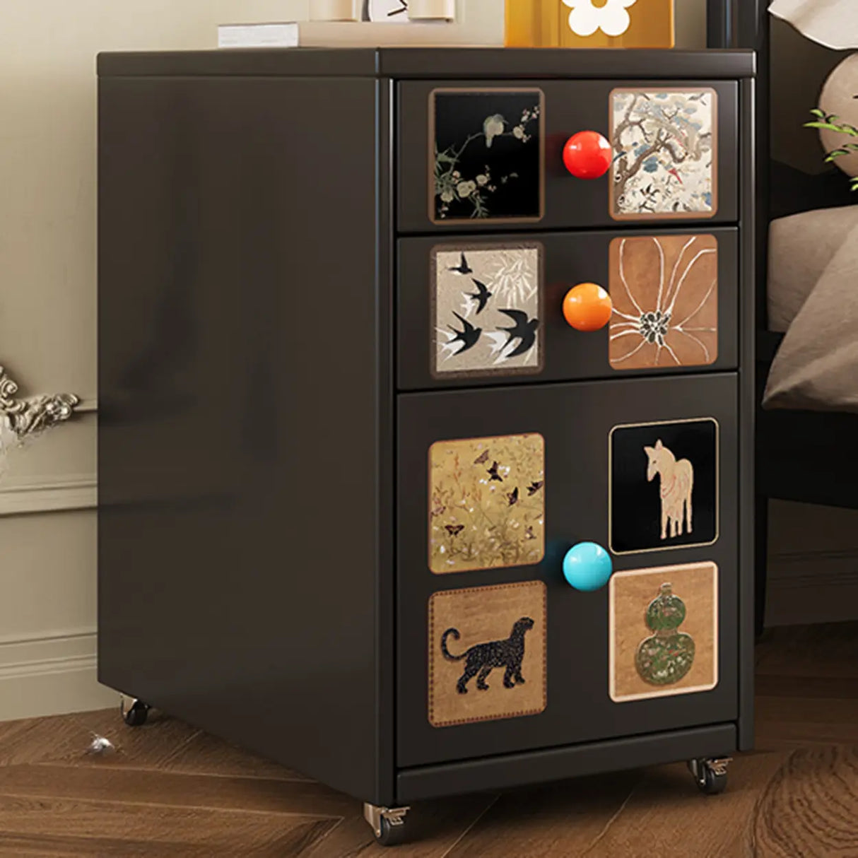 Vintage Black Art Pattern Drawers & Casters Metal Nightstand Image - 2