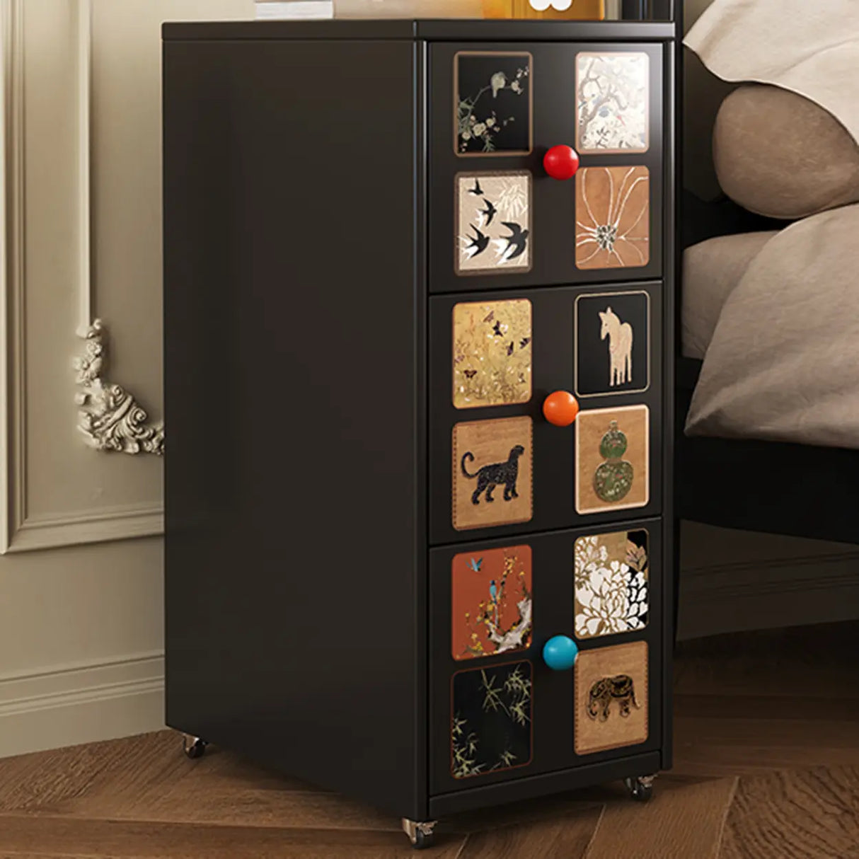 Vintage Black Art Pattern Drawers & Casters Metal Nightstand Image - 3