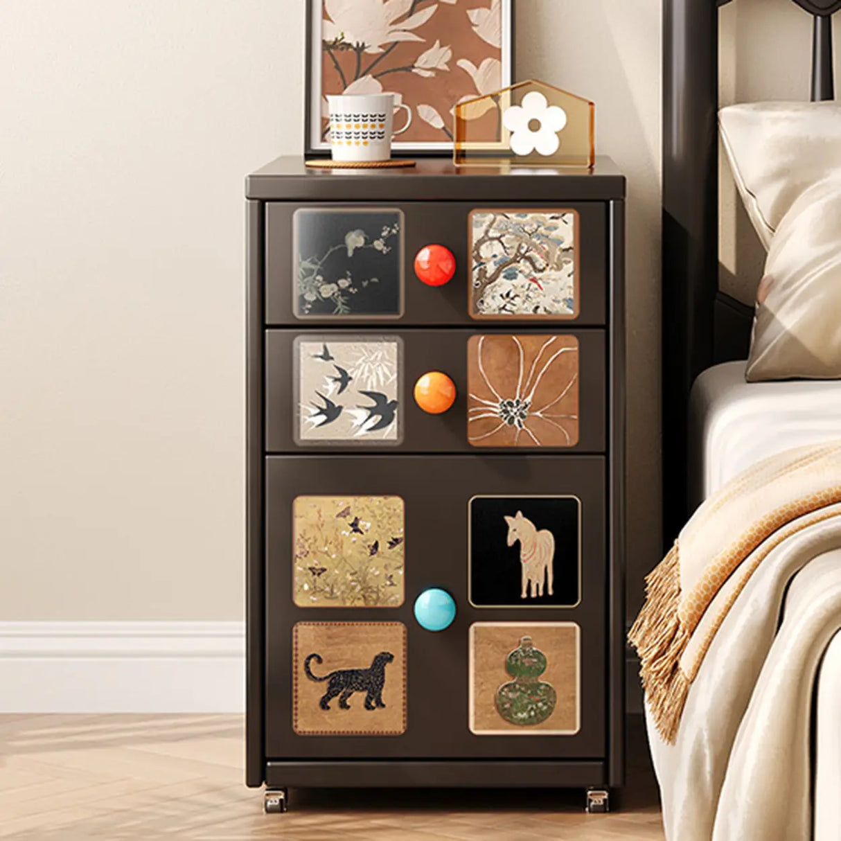 Vintage Black Art Pattern Drawers & Casters Metal Nightstand Image - 4