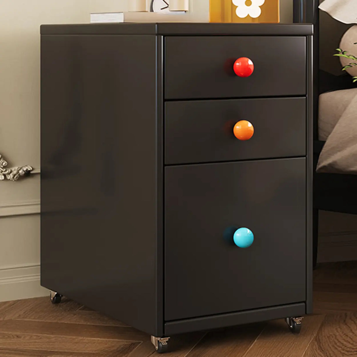 Vintage Black Art Pattern Drawers & Casters Metal Nightstand Image - 5