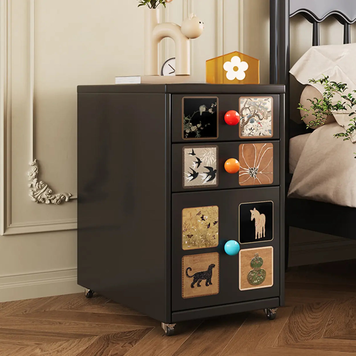 Vintage Black Art Pattern Drawers & Casters Metal Nightstand Image - 6