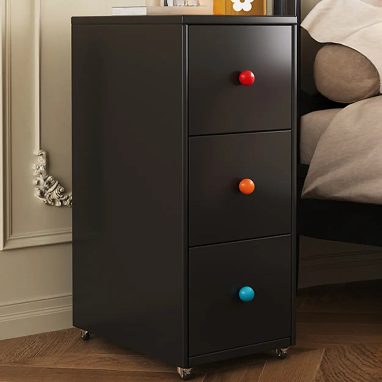 Vintage Black Art Pattern Drawers & Casters Metal Nightstand Image - 7