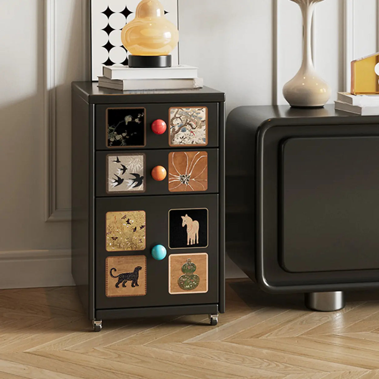 Vintage Black Art Pattern Drawers & Casters Metal Nightstand Image - 8