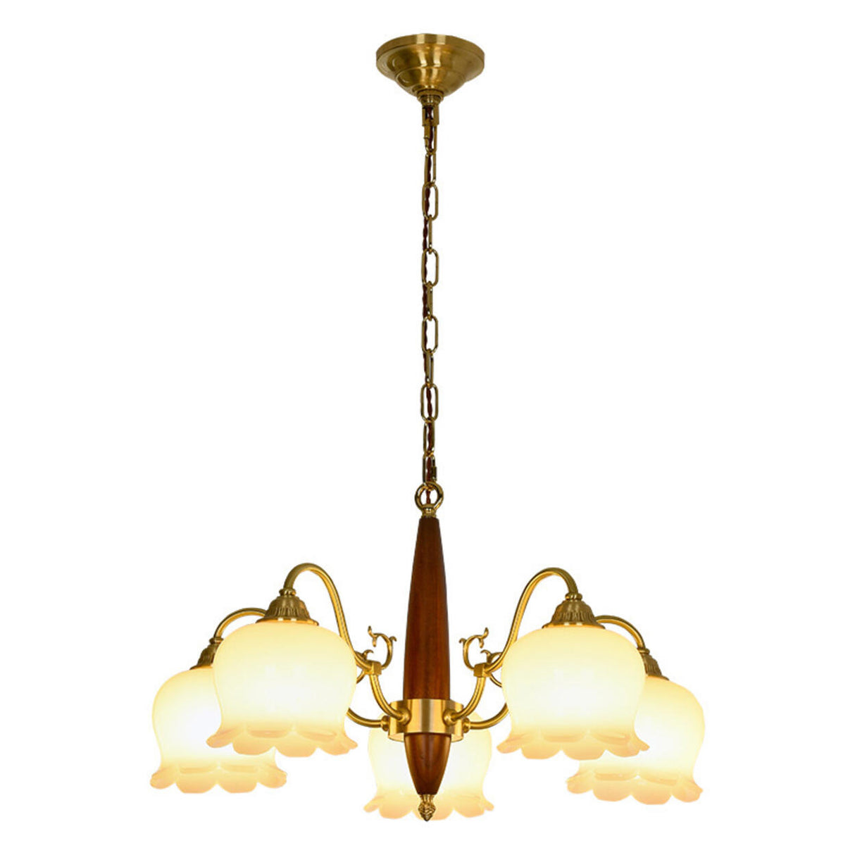 Vintage Brass 5 Lights White Glass Flower Round Chandelier Image - 5