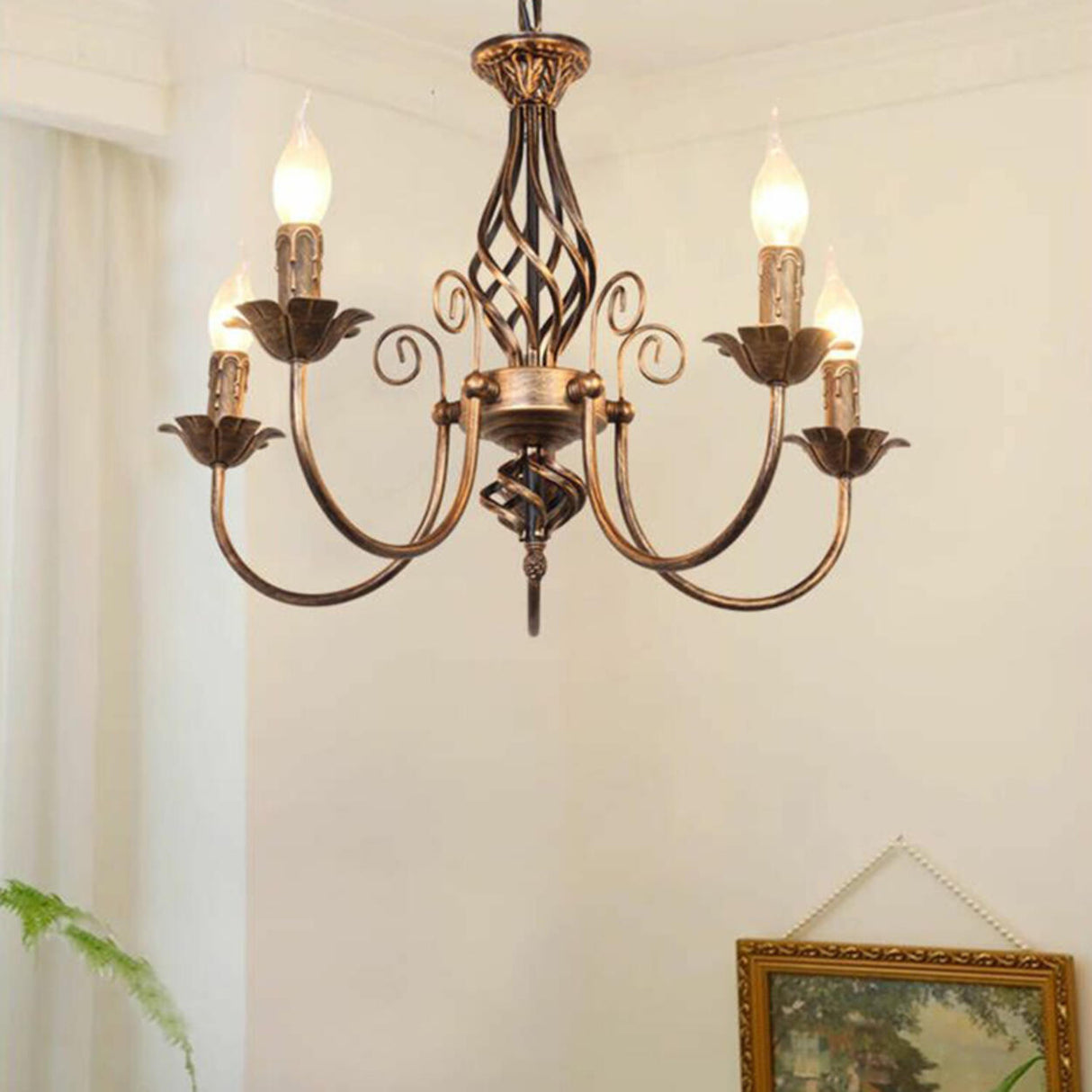 Vintage Brass Alloy Floral Candle Chandelier Image - 1