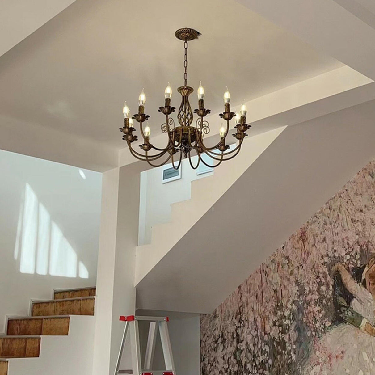 Vintage Brass Alloy Floral Candle Chandelier Image - 2