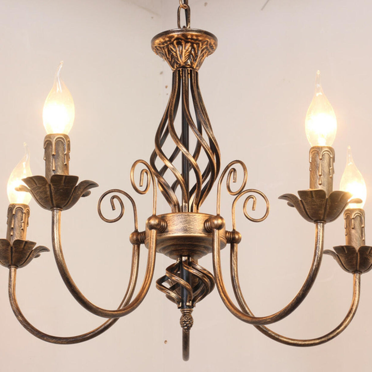 Vintage Brass Alloy Floral Candle Chandelier Image - 3