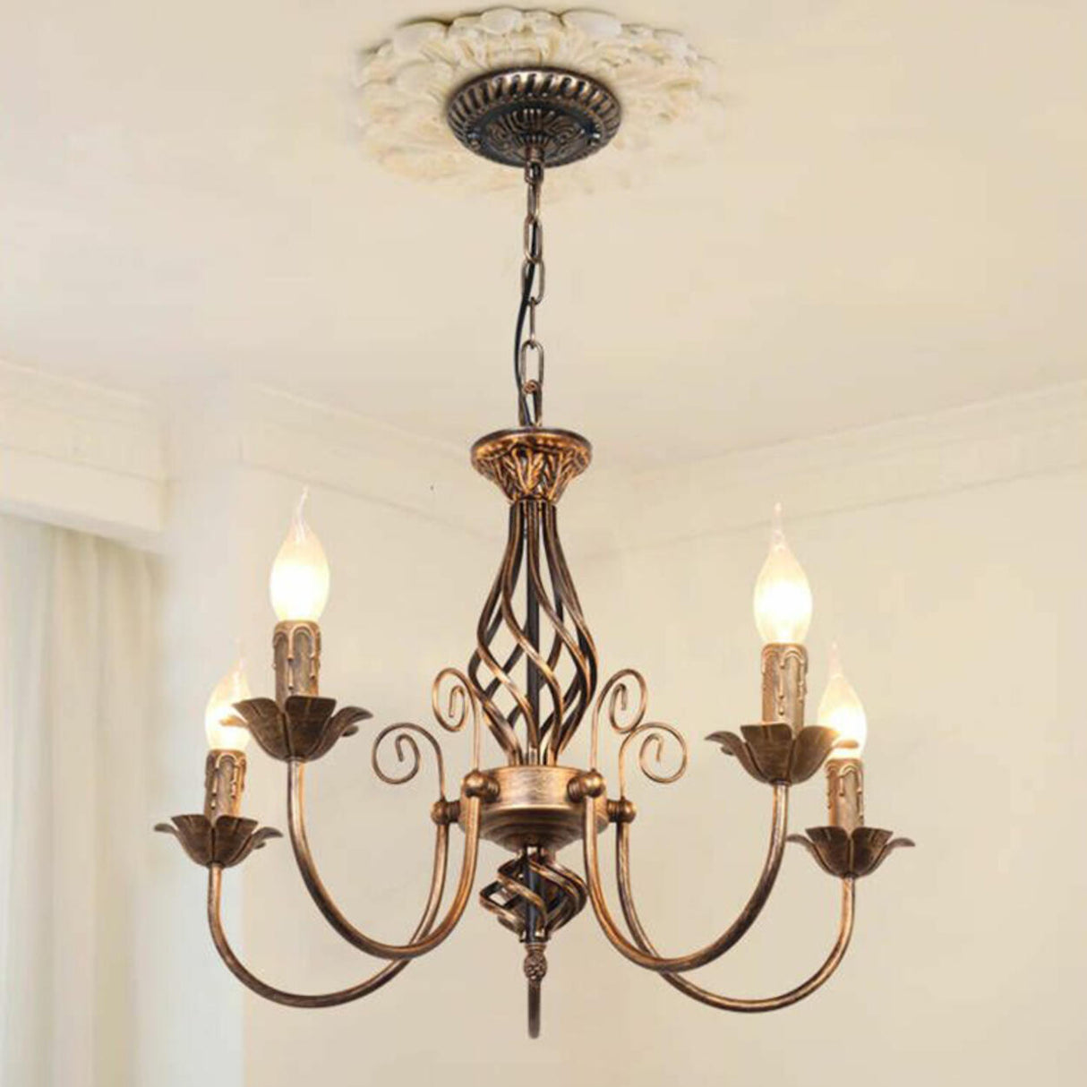 Vintage Brass Alloy Floral Candle Chandelier Image - 6