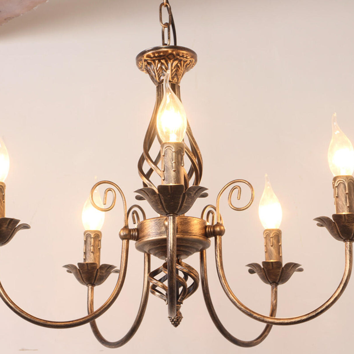 Vintage Brass Alloy Floral Candle Chandelier Image - 8
