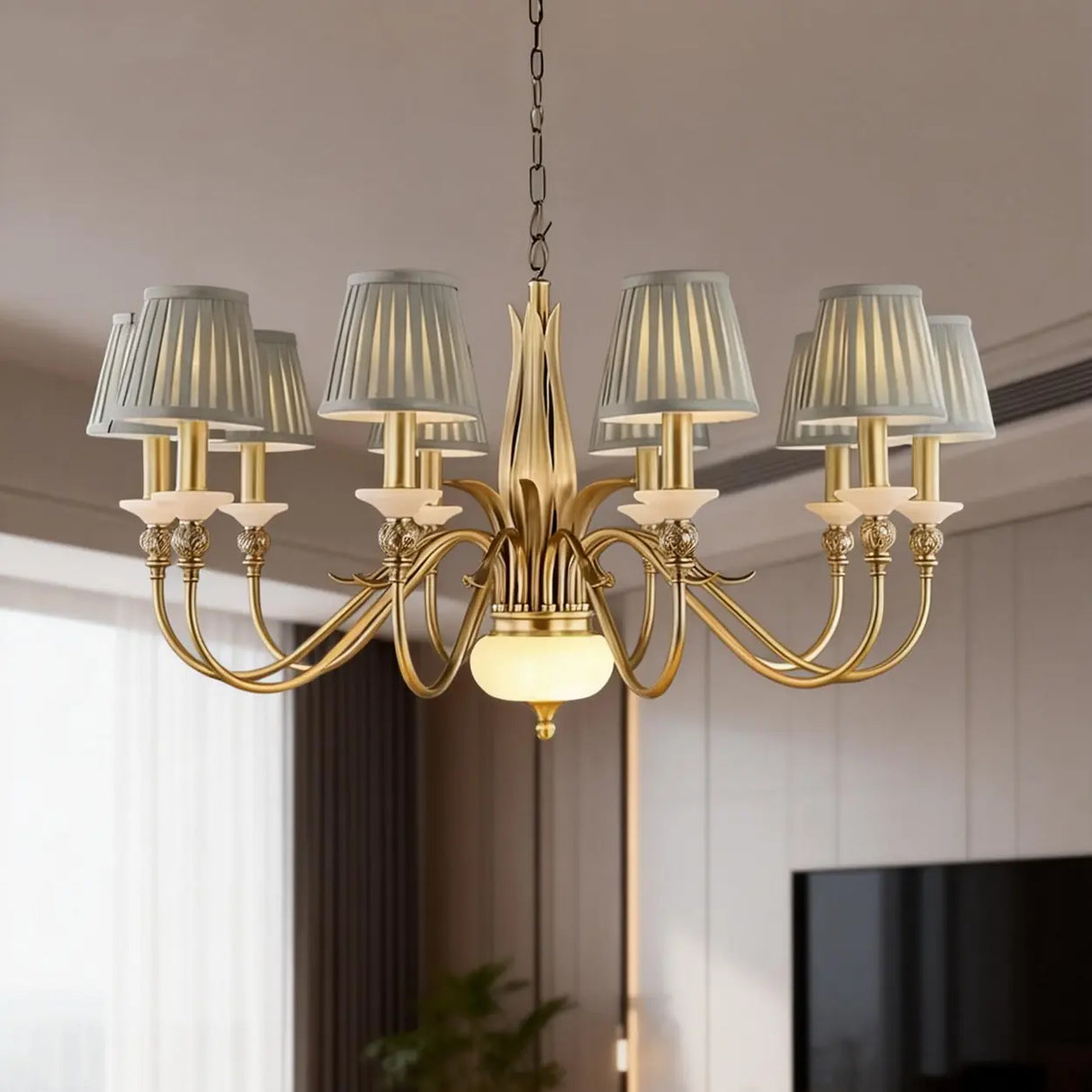 Vintage Brass Branch Curved Arm Blue Fabric Shade Chandelier Image - 1