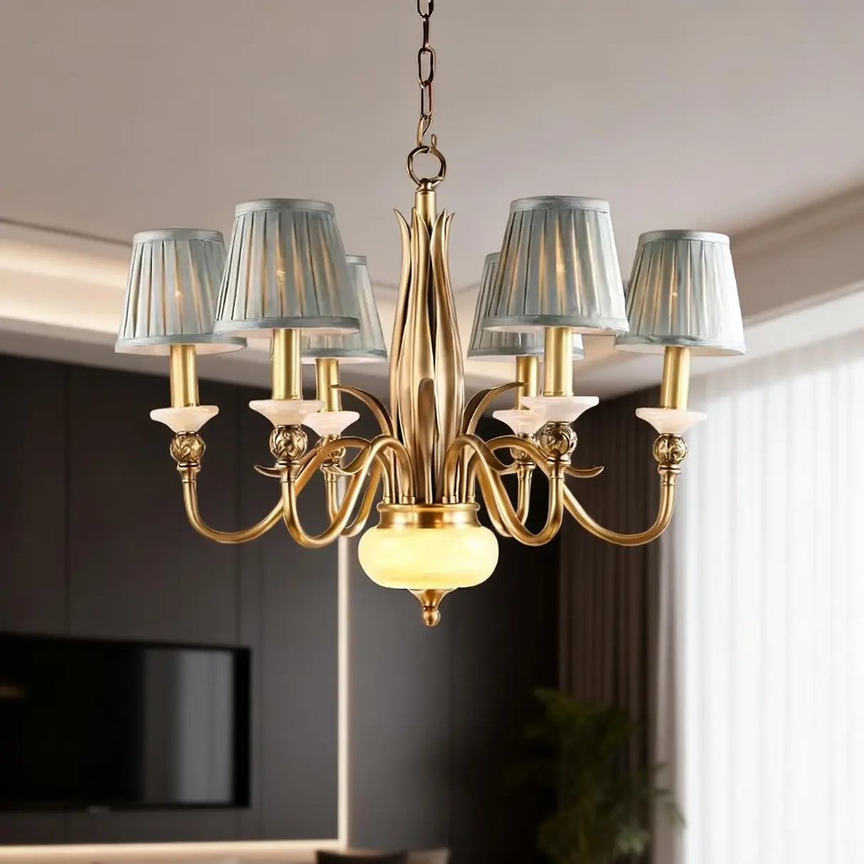 Vintage Brass Branch Curved Arm Blue Fabric Shade Chandelier Image - 2