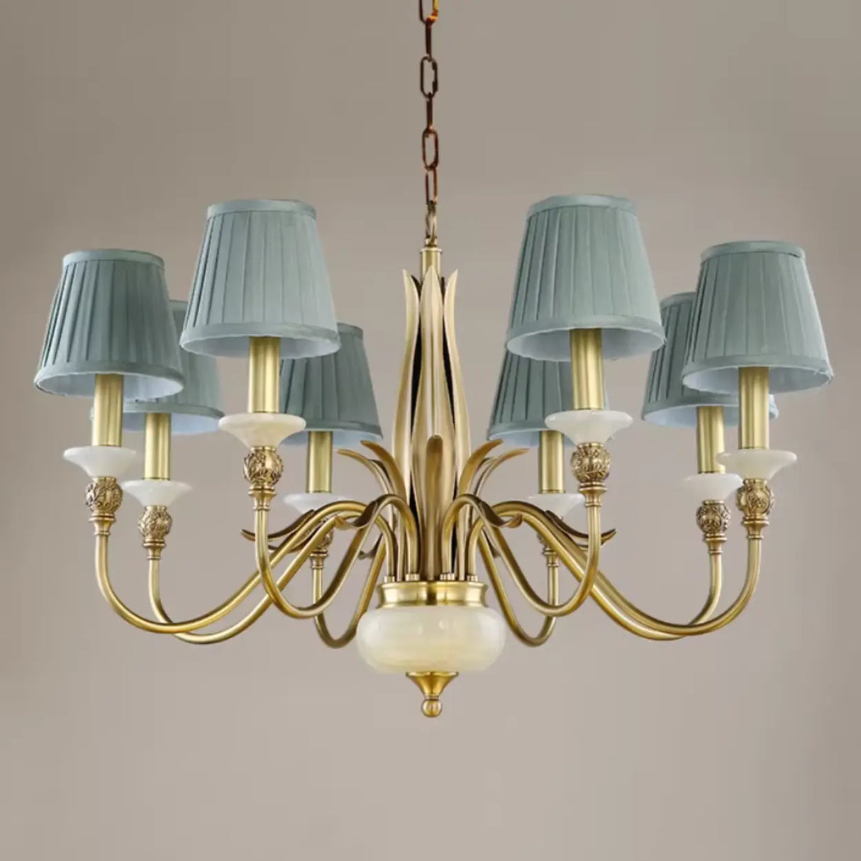 Vintage Brass Branch Curved Arm Blue Fabric Shade Chandelier Image - 3