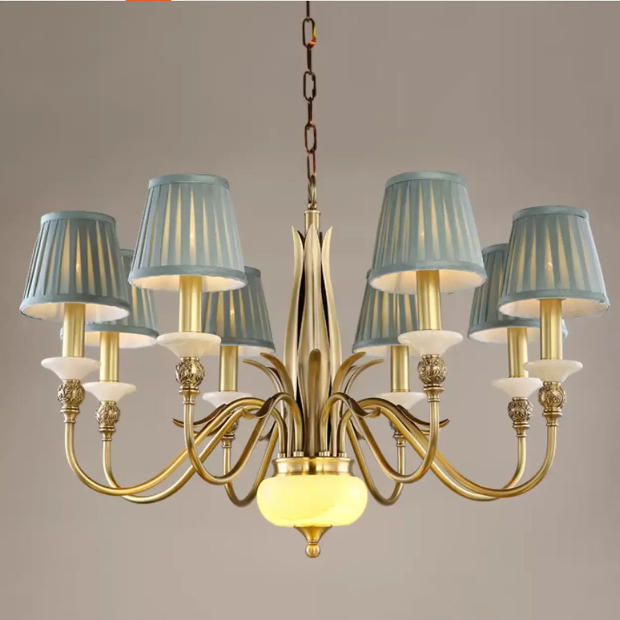 Vintage Brass Branch Curved Arm Blue Fabric Shade Chandelier Image - 4