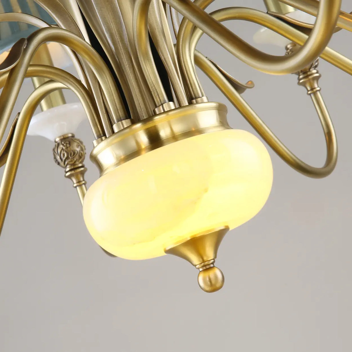 Vintage Brass Branch Curved Arm Blue Fabric Shade Chandelier Image - 5