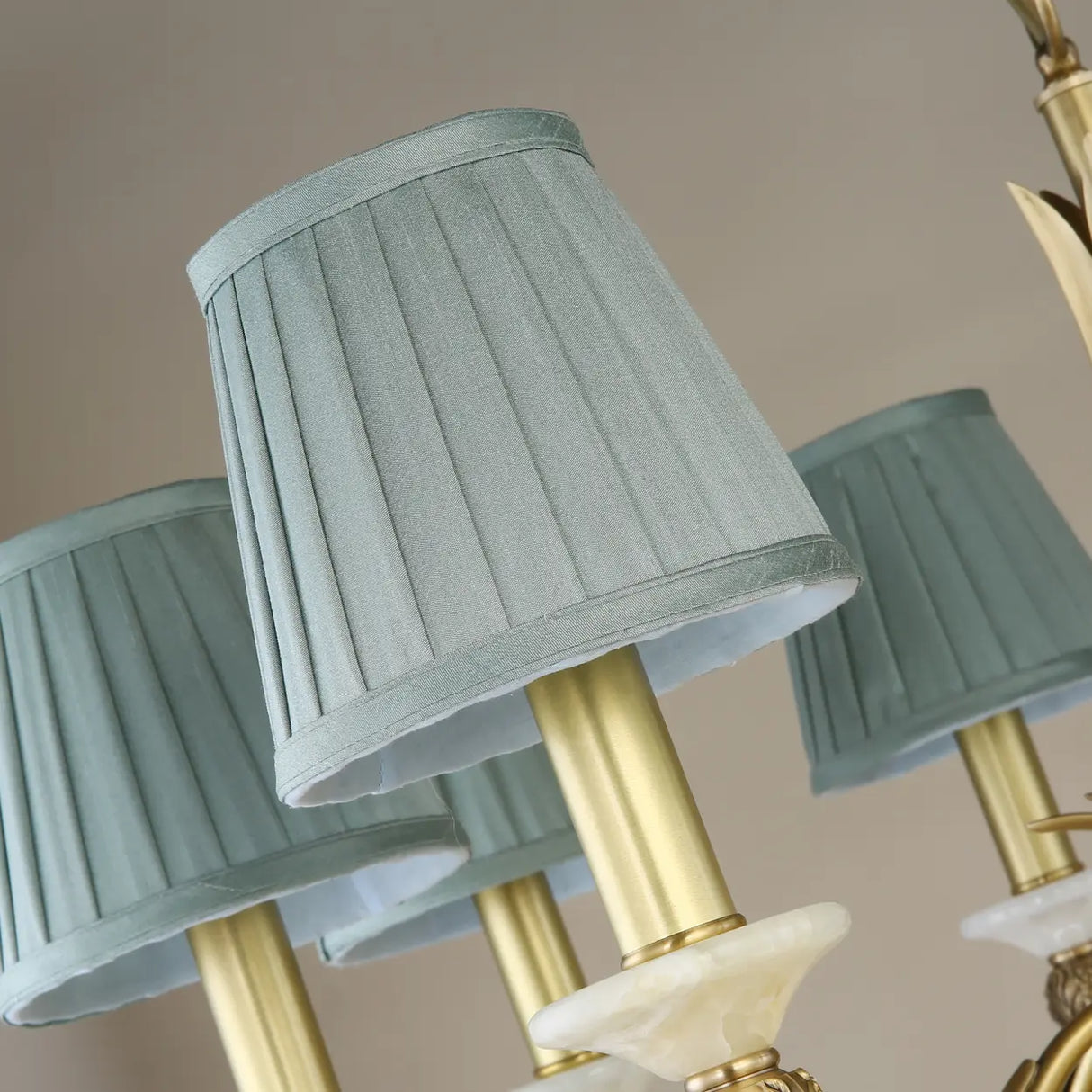 Vintage Brass Branch Curved Arm Blue Fabric Shade Chandelier Image - 6