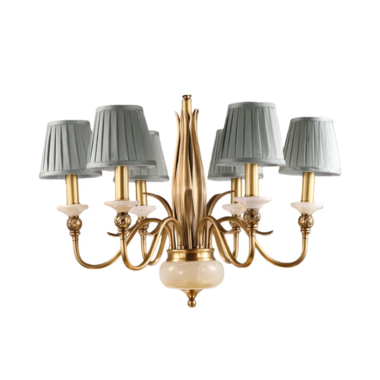 Vintage Brass Branch Curved Arm Blue Fabric Shade Chandelier Image - 7